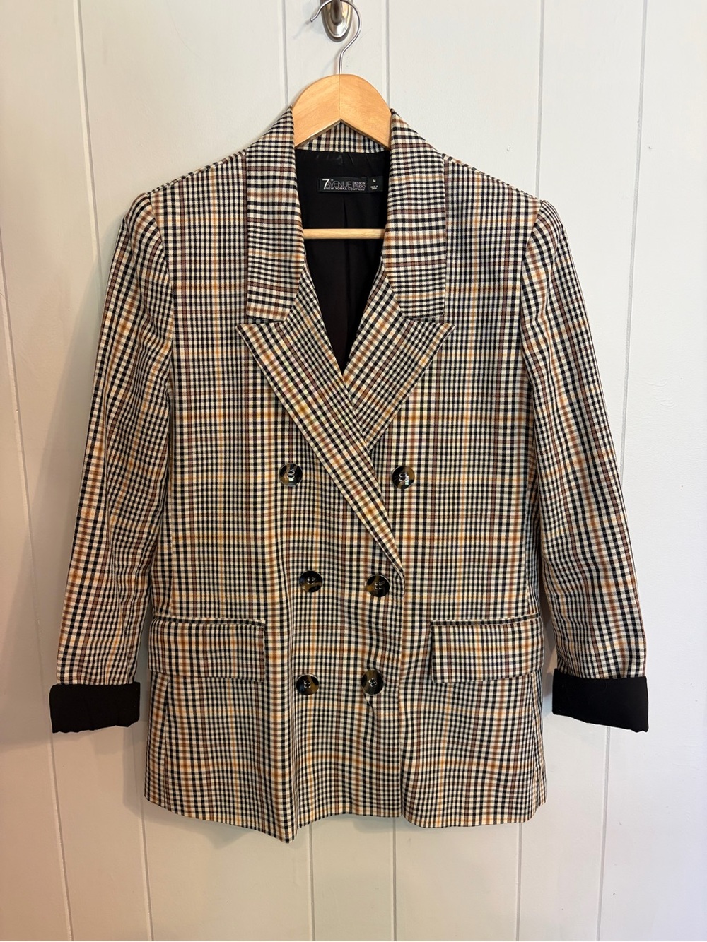 Double-Breasted Glen Plaid Blazer in Black & Cream